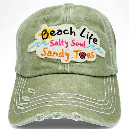 Baseball Cap - "Beach Life Salty Soul Sandy Toes" Embroidered Vintage Distressed Hat - product detail view 21