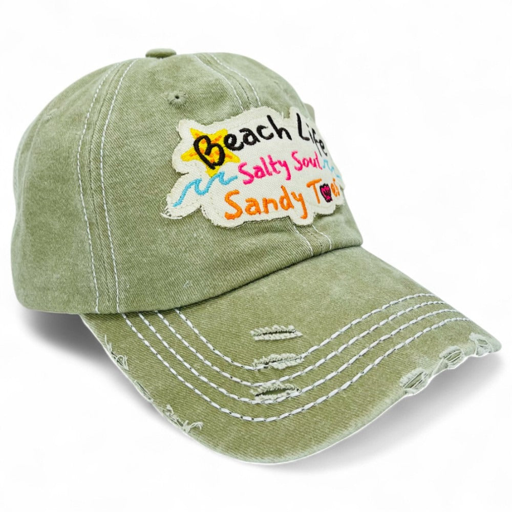 Baseball Cap - "Beach Life Salty Soul Sandy Toes" Embroidered Vintage Distressed Hat - product detail view 22