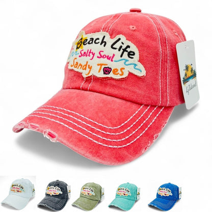 Baseball Cap - "Beach Life Salty Soul Sandy Toes" Embroidered Vintage Distressed Hat - product detail view 25