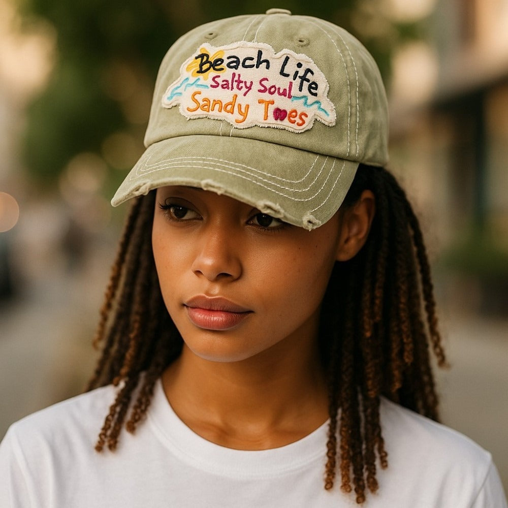 Baseball Cap - "Beach Life Salty Soul Sandy Toes" Embroidered Vintage Distressed Hat - product detail view 26