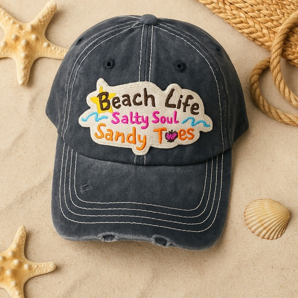 Baseball Cap - "Beach Life Salty Soul Sandy Toes" Embroidered Vintage Distressed Hat - product detail view 29