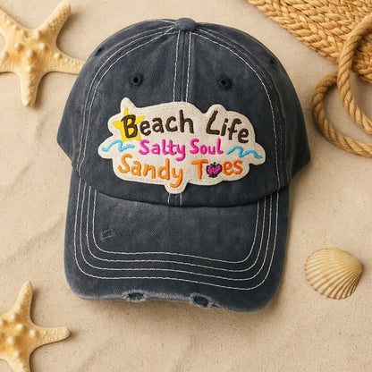 Baseball Cap - "Beach Life Salty Soul Sandy Toes" Embroidered Vintage Distressed Hat - product detail view 29