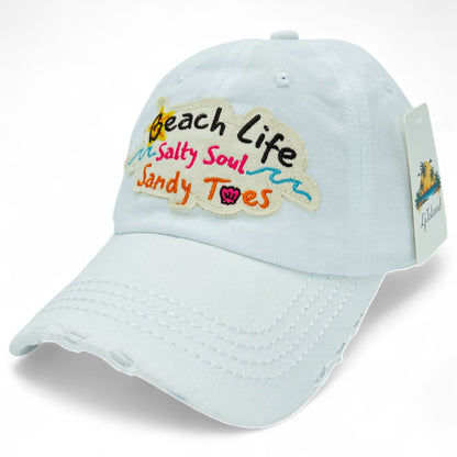Baseball Cap - "Beach Life Salty Soul Sandy Toes" Embroidered Vintage Distressed Hat - product detail view 33