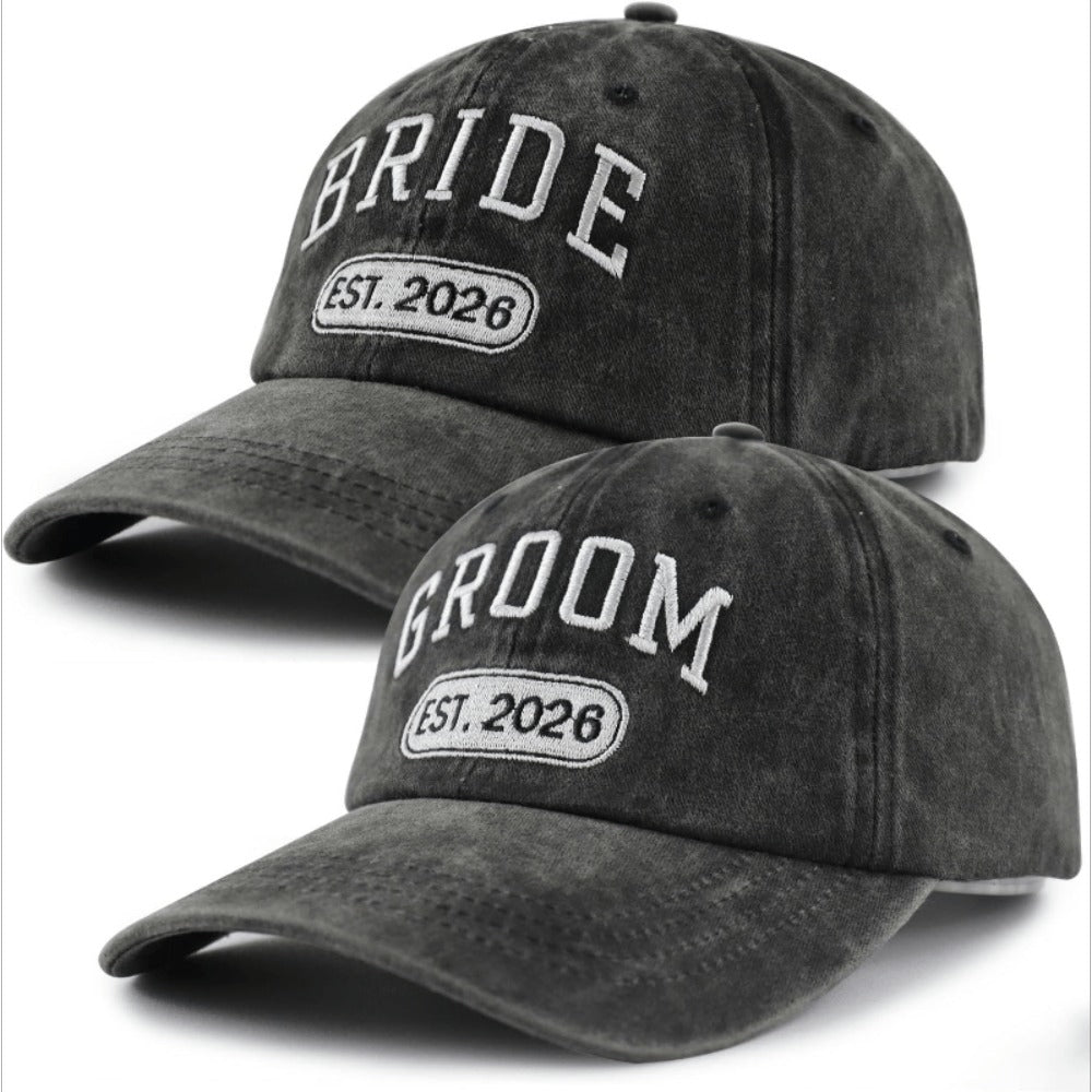 Baseball Cap - Bride and Groom Est 2026 Set 2pcs Couple Hats 3D Embroidery Adjustable - product detail view 2