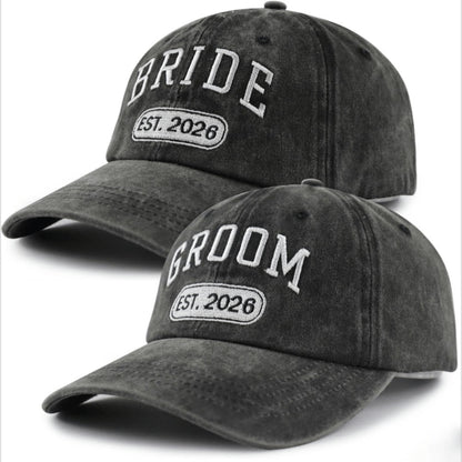 Baseball Cap - Bride and Groom Est 2026 Set 2pcs Couple Hats 3D Embroidery Adjustable - product detail view 2