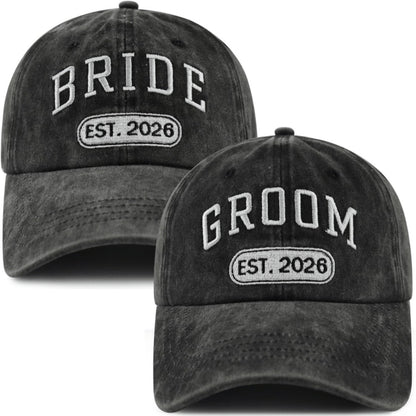 Baseball Cap - Bride and Groom Est 2026 Set 2pcs Couple Hats 3D Embroidery Adjustable - product detail view 3