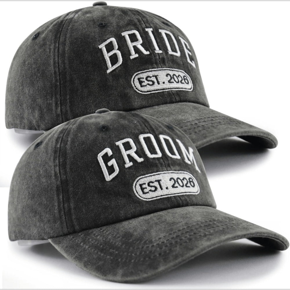 Baseball Cap - Bride and Groom Est 2026 Set 2pcs Couple Hats 3D Embroidery Adjustable - product detail view 4