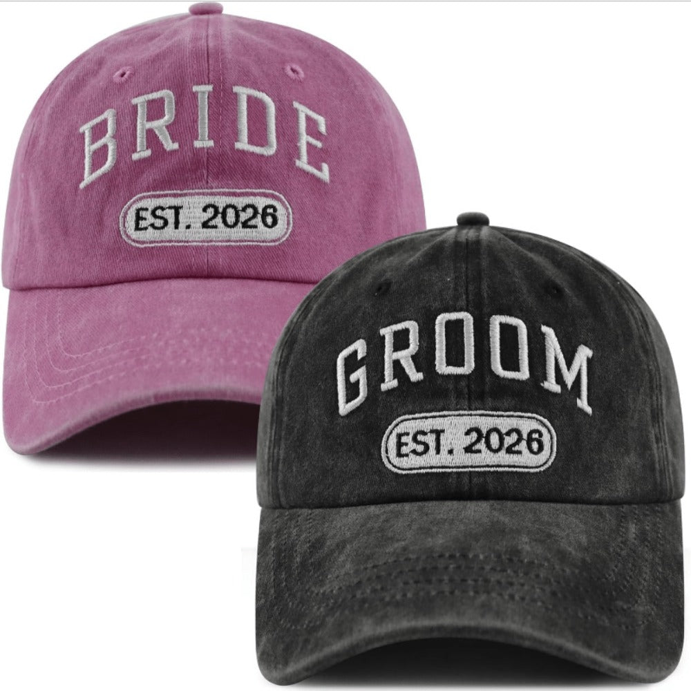 Baseball Cap - Bride and Groom Est 2026 Set 2pcs Couple Hats 3D Embroidery Adjustable - product detail view 9