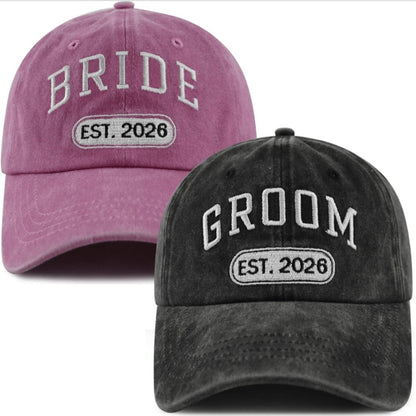 Baseball Cap - Bride and Groom Est 2026 Set 2pcs Couple Hats 3D Embroidery Adjustable - product detail view 9