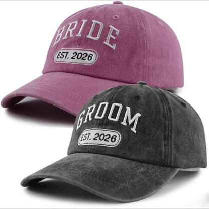 Baseball Cap - Bride and Groom Est 2026 Set 2pcs Couple Hats 3D Embroidery Adjustable - product detail view 10