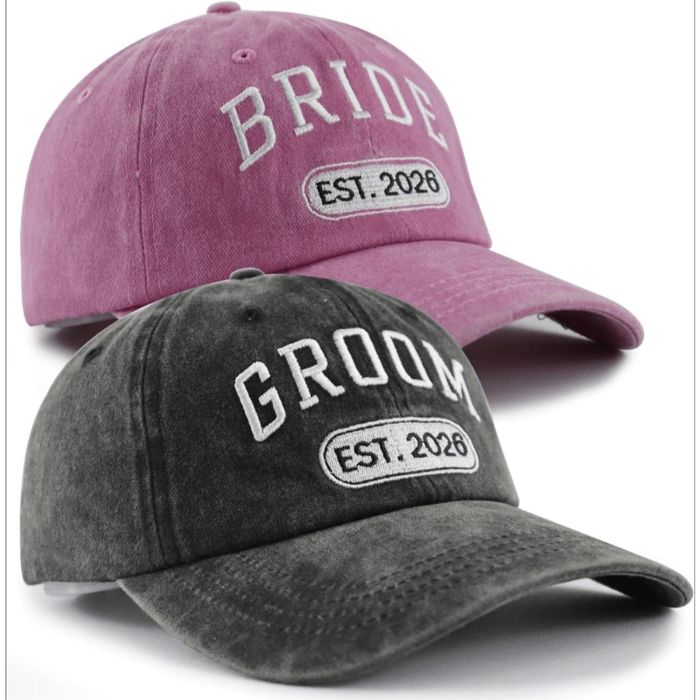 Baseball Cap - Bride and Groom Est 2026 Set 2pcs Couple Hats 3D Embroidery Adjustable - product detail view 11