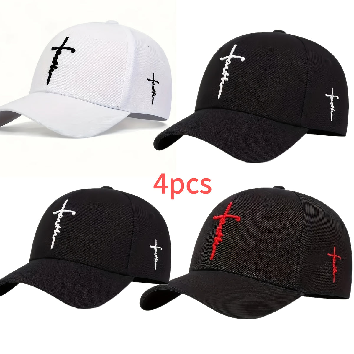 Baseball Cap - Cross Embroidered Snapback 4 Pack Unisex Adjustable Lightweight 100% - product detail view 9