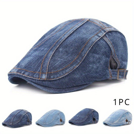 Baseball Cap - Newsboy Vintage Washed Denim Flat Brim Adjustable Cabbie Hat for Men Women - main product view
