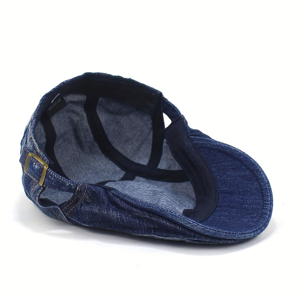 Baseball Cap - Newsboy Vintage Washed Denim Flat Brim Adjustable Cabbie Hat for Men Women - product detail view 4