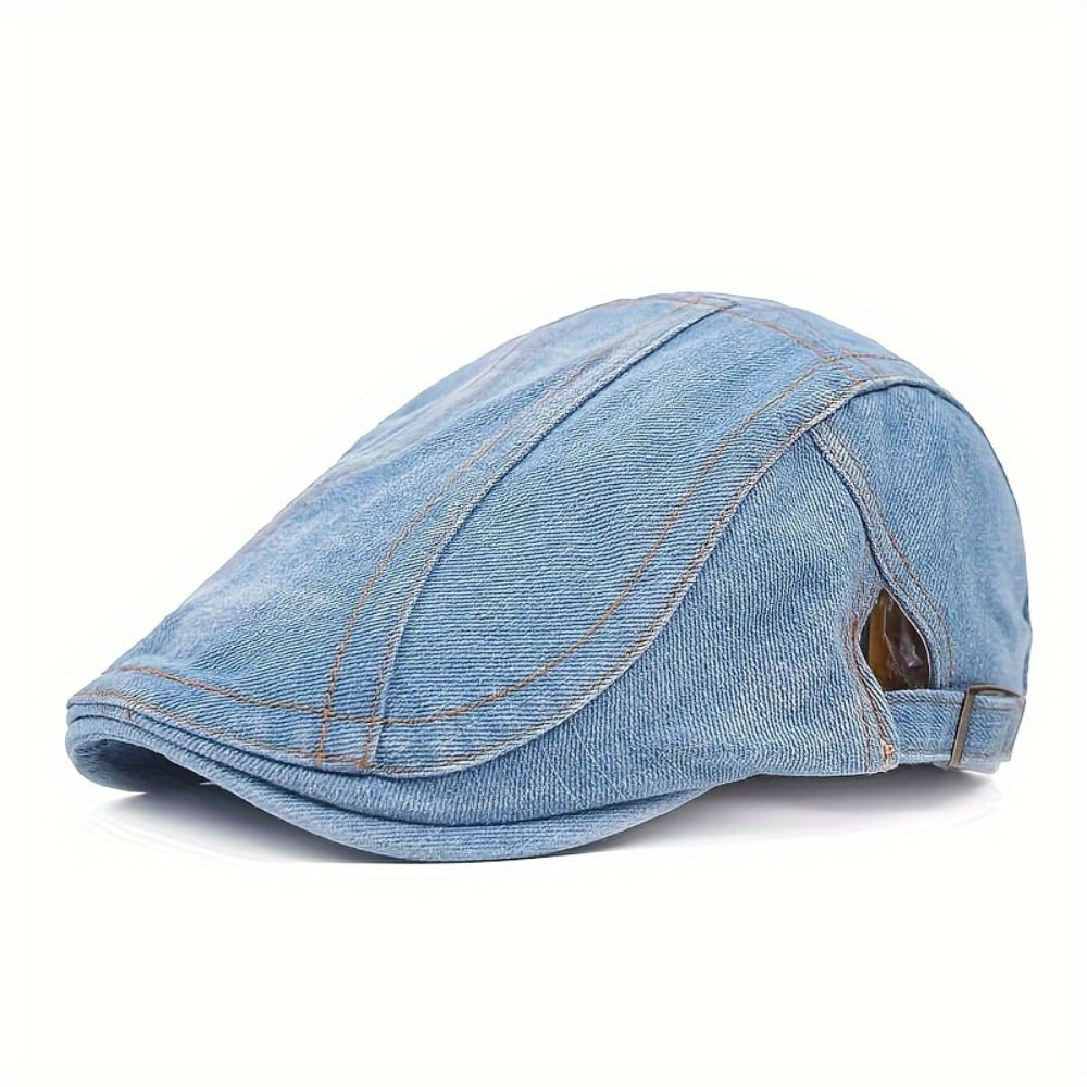Baseball Cap - Newsboy Vintage Washed Denim Flat Brim Adjustable Cabbie Hat for Men Women - product detail view 5