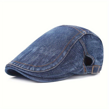 Baseball Cap - Newsboy Vintage Washed Denim Flat Brim Adjustable Cabbie Hat for Men Women - product detail view 7