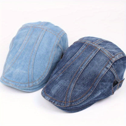 Baseball Cap - Newsboy Vintage Washed Denim Flat Brim Adjustable Cabbie Hat for Men Women - product detail view 8