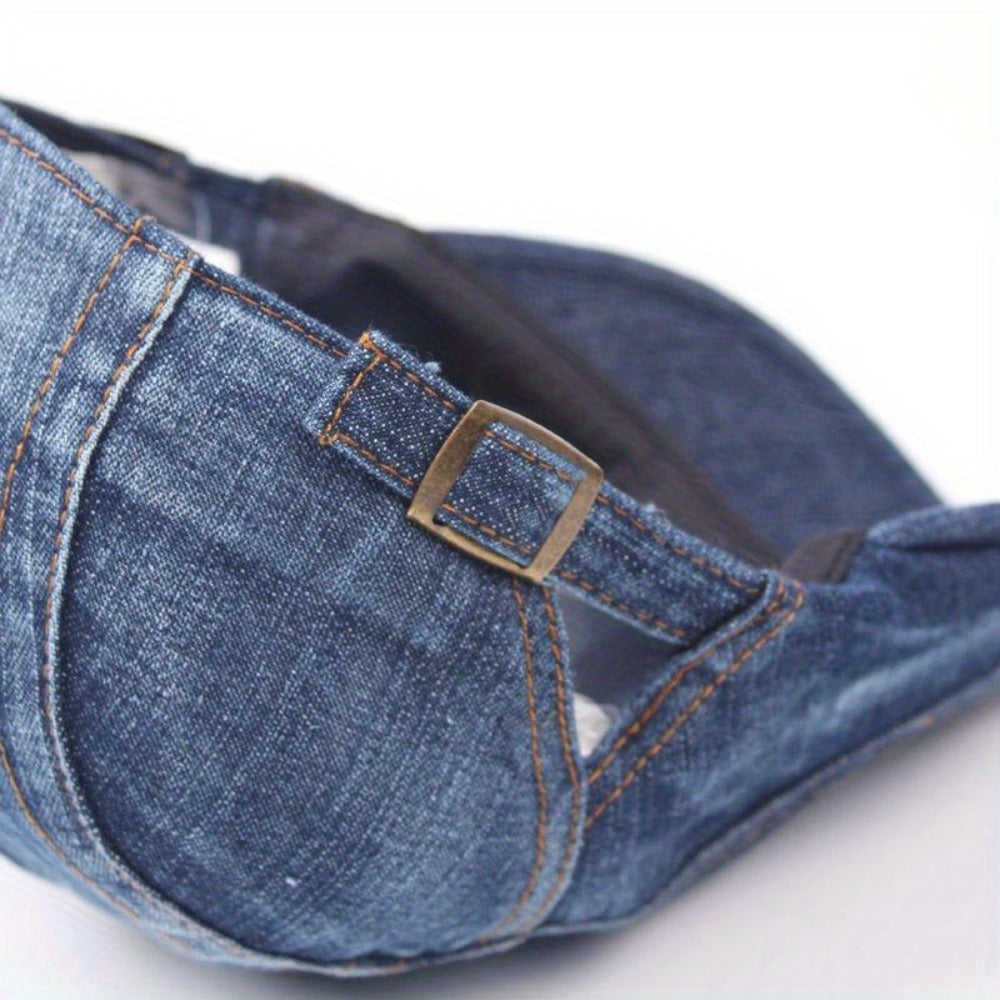 Baseball Cap - Newsboy Vintage Washed Denim Flat Brim Adjustable Cabbie Hat for Men Women - product detail view 10
