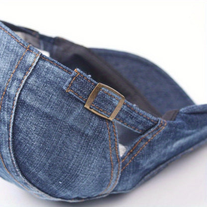 Baseball Cap - Newsboy Vintage Washed Denim Flat Brim Adjustable Cabbie Hat for Men Women - product detail view 10