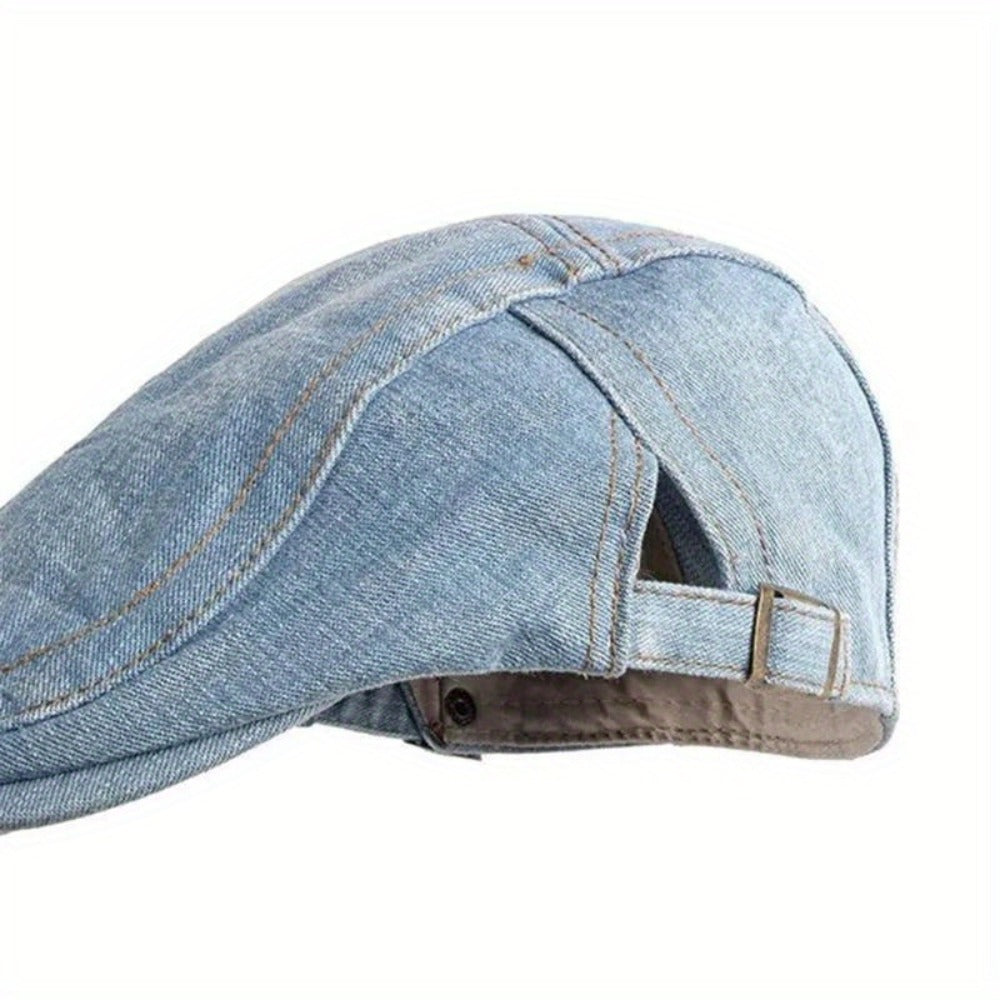 Baseball Cap - Newsboy Vintage Washed Denim Flat Brim Adjustable Cabbie Hat for Men Women - product detail view 11