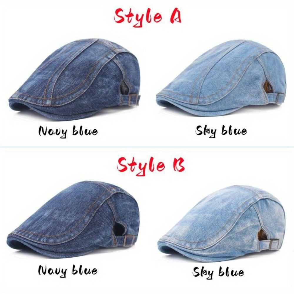 Baseball Cap - Newsboy Vintage Washed Denim Flat Brim Adjustable Cabbie Hat for Men Women - product detail view 12