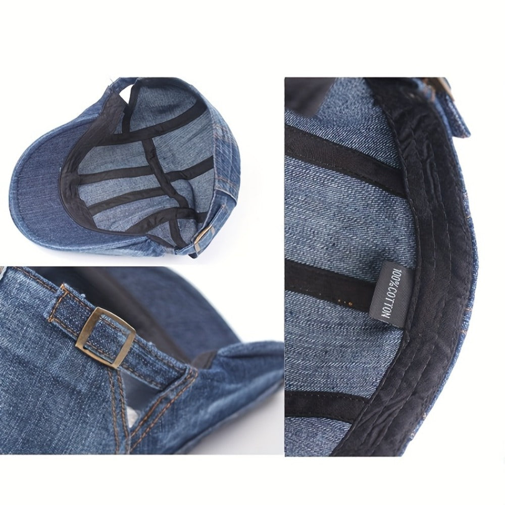 Baseball Cap - Newsboy Vintage Washed Denim Flat Brim Adjustable Cabbie Hat for Men Women - product detail view 14