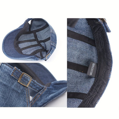 Baseball Cap - Newsboy Vintage Washed Denim Flat Brim Adjustable Cabbie Hat for Men Women - product detail view 14