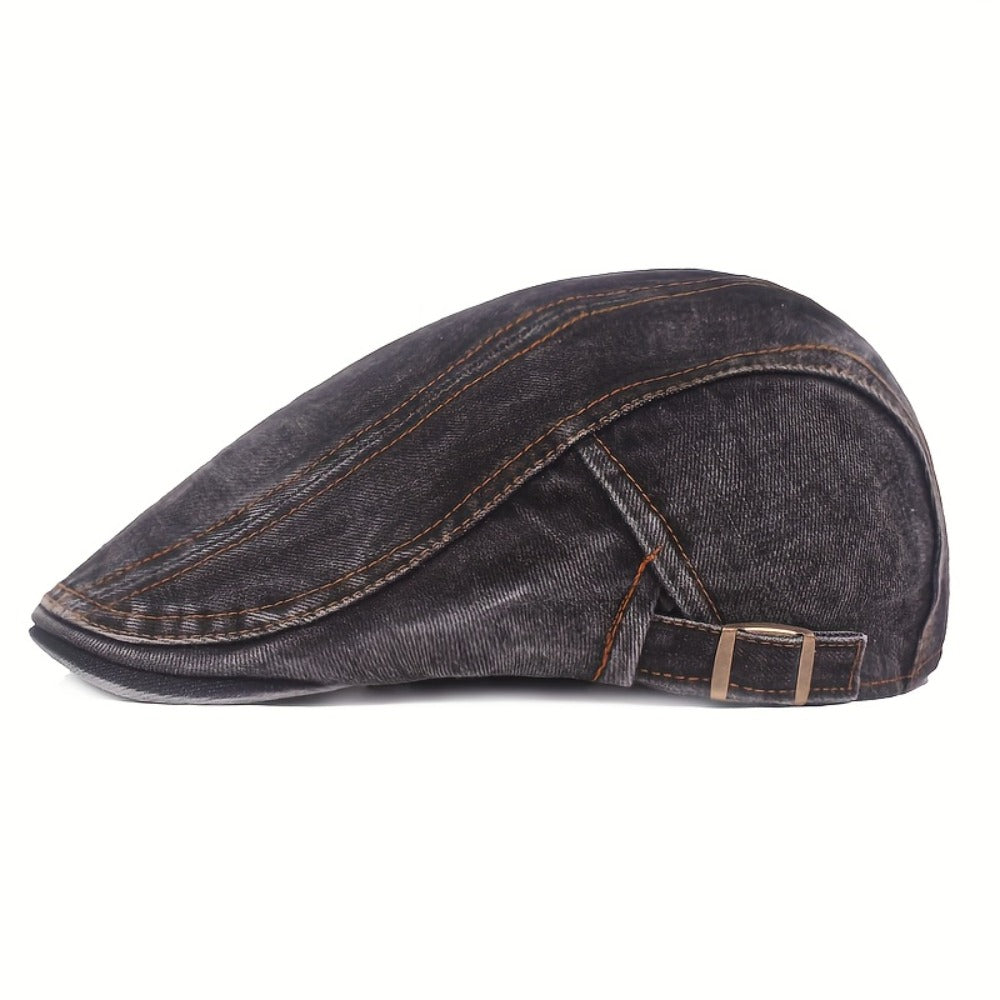 Baseball Cap - Newsboy Vintage Washed Denim Flat Brim Adjustable Cabbie Hat for Men Women - product detail view 15