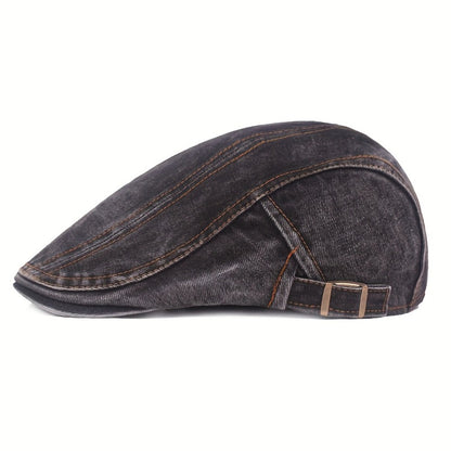 Baseball Cap - Newsboy Vintage Washed Denim Flat Brim Adjustable Cabbie Hat for Men Women - product detail view 15