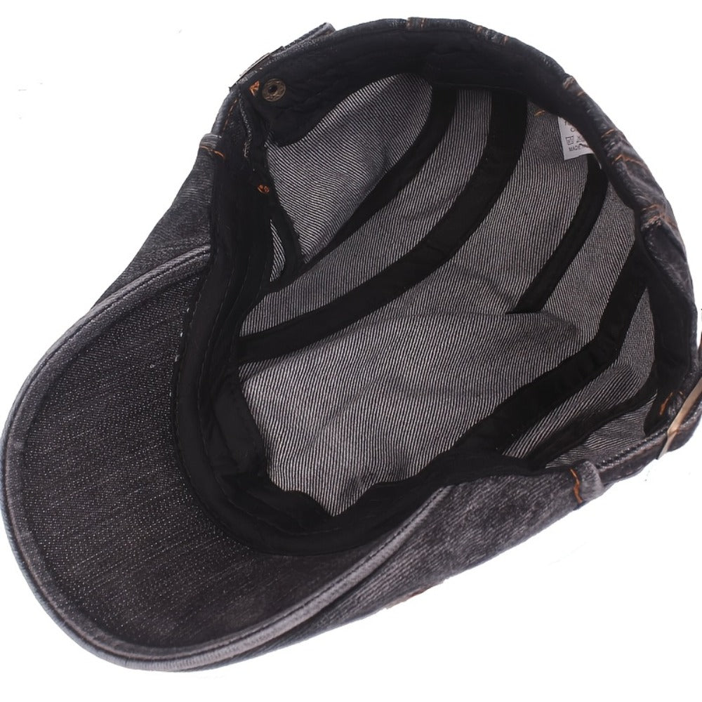 Baseball Cap - Newsboy Vintage Washed Denim Flat Brim Adjustable Cabbie Hat for Men Women - product detail view 17