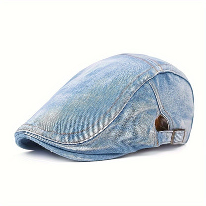 Baseball Cap - Newsboy Vintage Washed Denim Flat Brim Adjustable Cabbie Hat for Men Women - product detail view 33
