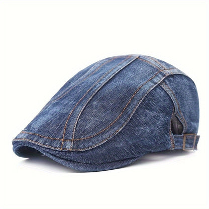 Baseball Cap - Newsboy Vintage Washed Denim Flat Brim Adjustable Cabbie Hat for Men Women - product detail view 34