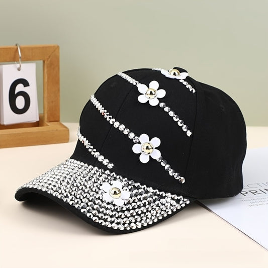 Baseball Cap - Women Rhinestone Flower Patch Cute Solid Color - Lightweight Adjustable - main product view