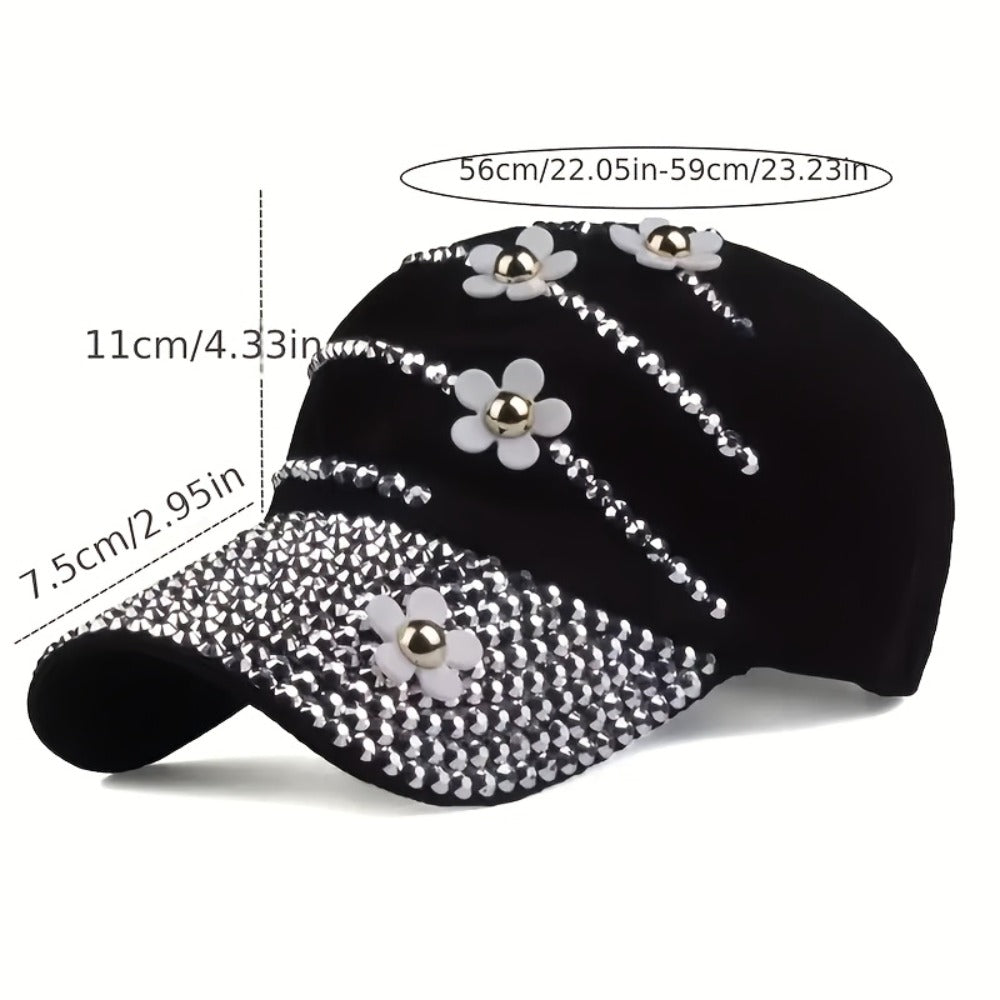 Baseball Cap - Women Rhinestone Flower Patch Cute Solid Color - Lightweight Adjustable - product detail view 5