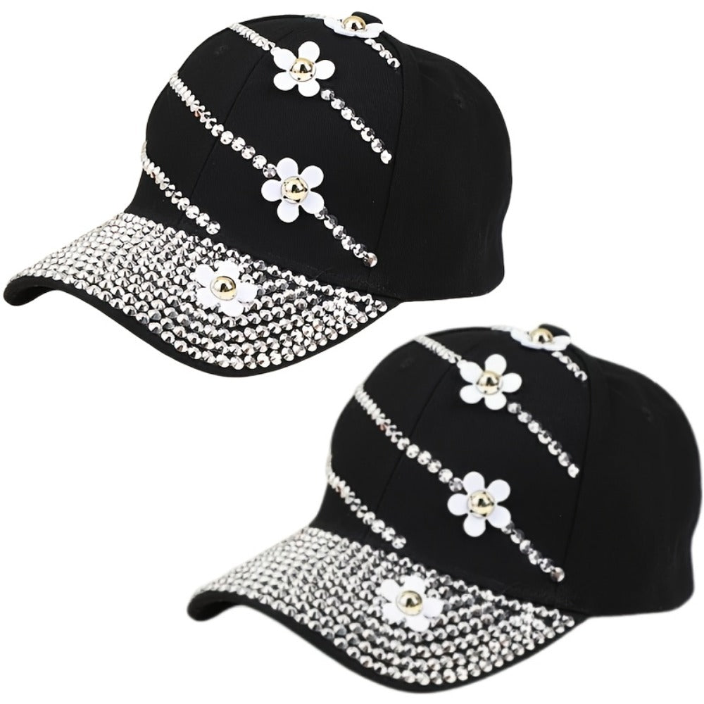 Baseball Cap - Women Rhinestone Flower Patch Cute Solid Color - Lightweight Adjustable - product detail view 6