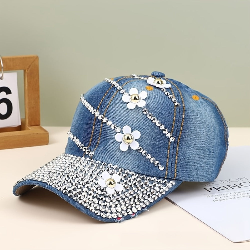 Baseball Cap - Women Rhinestone Flower Patch Cute Solid Color - Lightweight Adjustable - product detail view 7