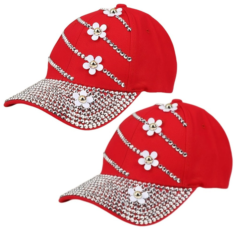 Baseball Cap - Women Rhinestone Flower Patch Cute Solid Color - Lightweight Adjustable - product detail view 8