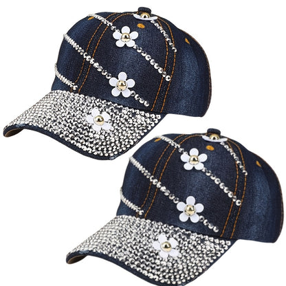 Baseball Cap - Women Rhinestone Flower Patch Cute Solid Color - Lightweight Adjustable - product detail view 12