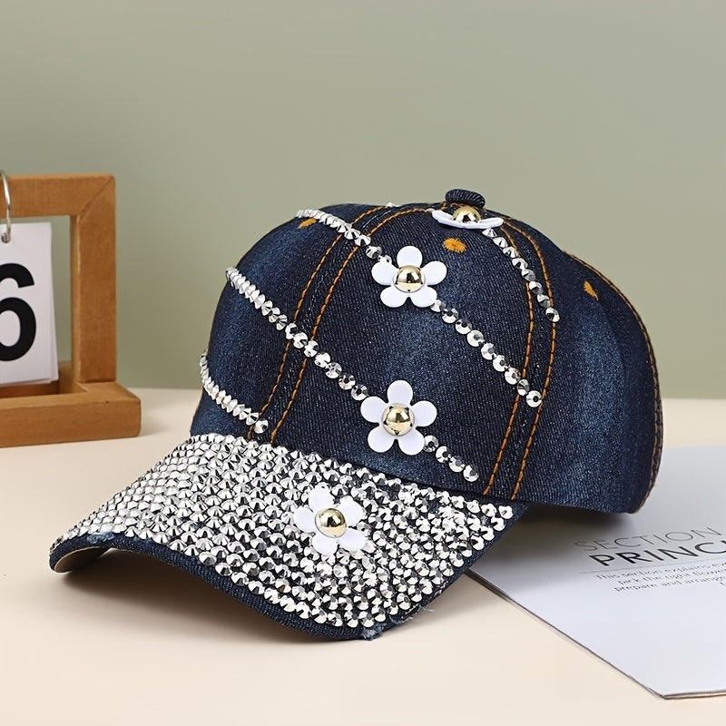 Baseball Cap - Women Rhinestone Flower Patch Cute Solid Color - Lightweight Adjustable - product detail view 13