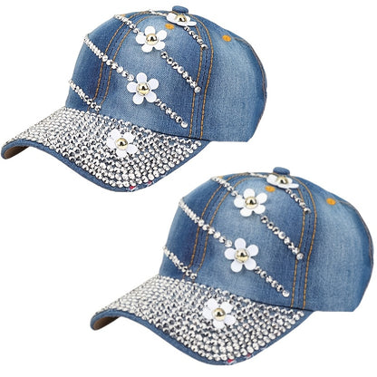 Baseball Cap - Women Rhinestone Flower Patch Cute Solid Color - Lightweight Adjustable - product detail view 16