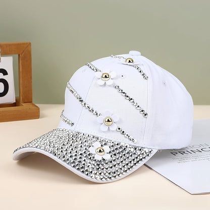 Baseball Cap - Women Rhinestone Flower Patch Cute Solid Color - Lightweight Adjustable - product detail view 19
