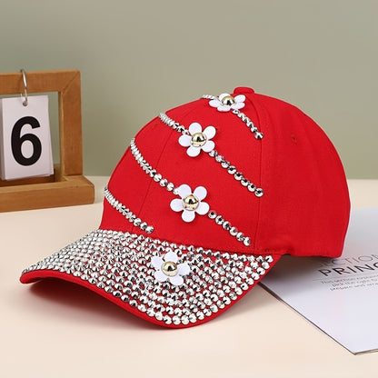 Baseball Cap - Women Rhinestone Flower Patch Cute Solid Color - Lightweight Adjustable - product detail view 21