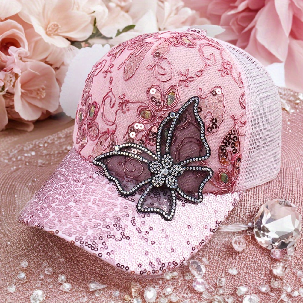 Baseball Cap - Women's Mesh Hat - Butterfly Embroidery Sequin Diamond Dot , Breathable - main product view