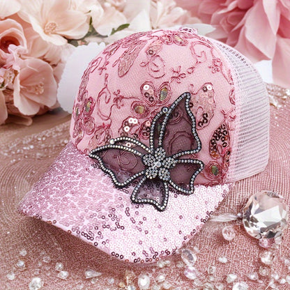 Baseball Cap - Women's Mesh Hat - Butterfly Embroidery Sequin Diamond Dot , Breathable - main product view