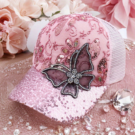 Baseball Cap - Women's Mesh Hat - Butterfly Embroidery Sequin Diamond Dot , Breathable - main product view