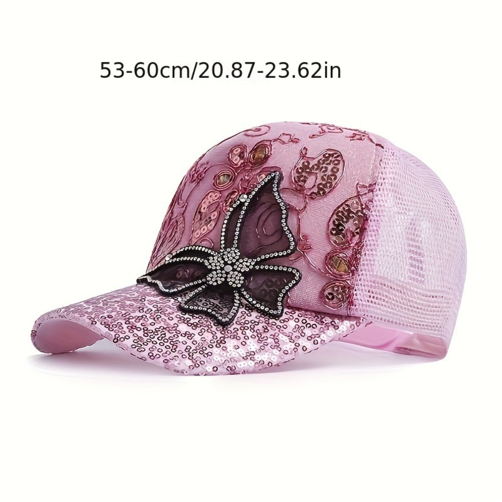 Baseball Cap - Women's Mesh Hat - Butterfly Embroidery Sequin Diamond Dot , Breathable - product detail view 5