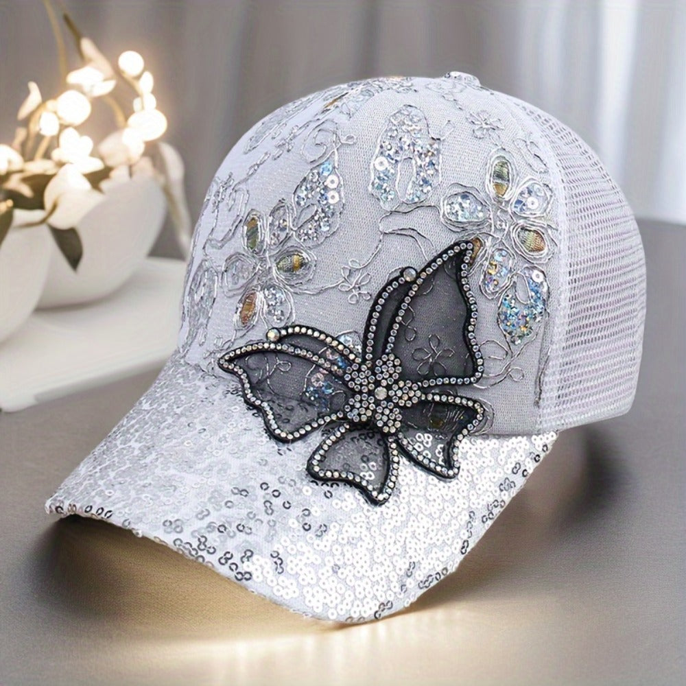 Baseball Cap - Women's Mesh Hat - Butterfly Embroidery Sequin Diamond Dot , Breathable - product detail view 6