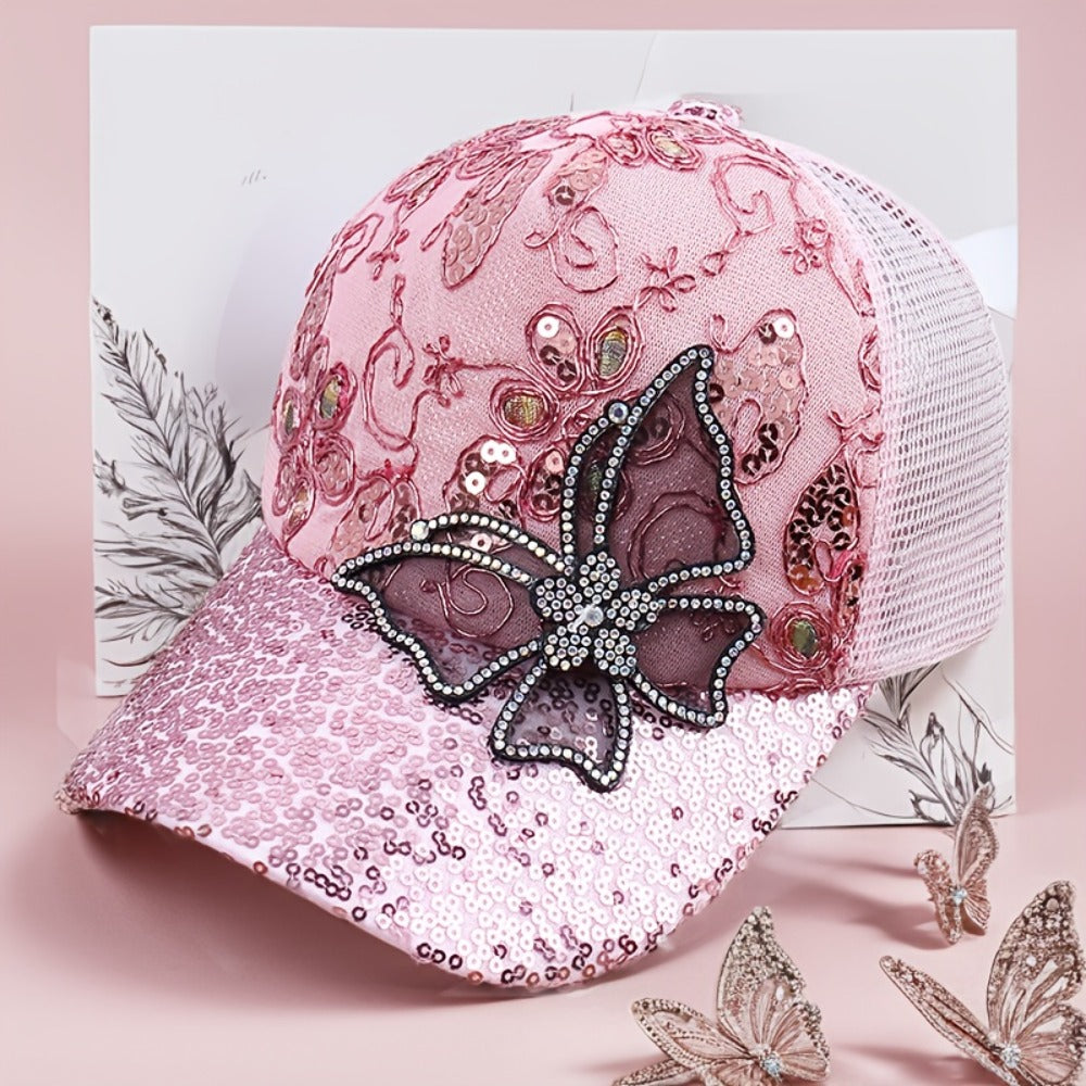 Baseball Cap - Women's Mesh Hat - Butterfly Embroidery Sequin Diamond Dot , Breathable - product detail view 7