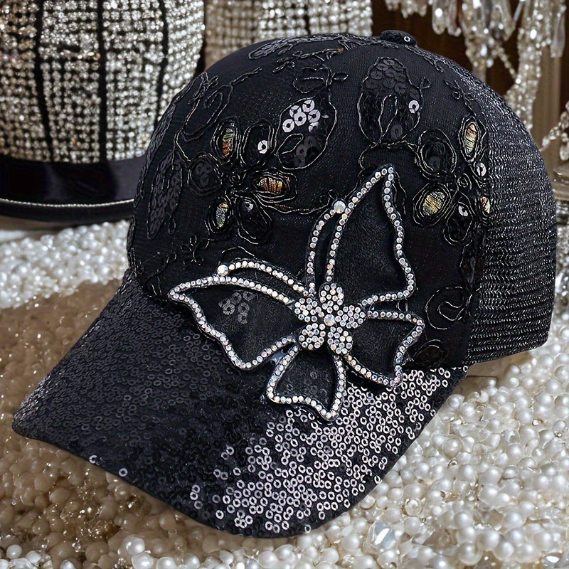 Baseball Cap - Women's Mesh Hat - Butterfly Embroidery Sequin Diamond Dot , Breathable - product detail view 8