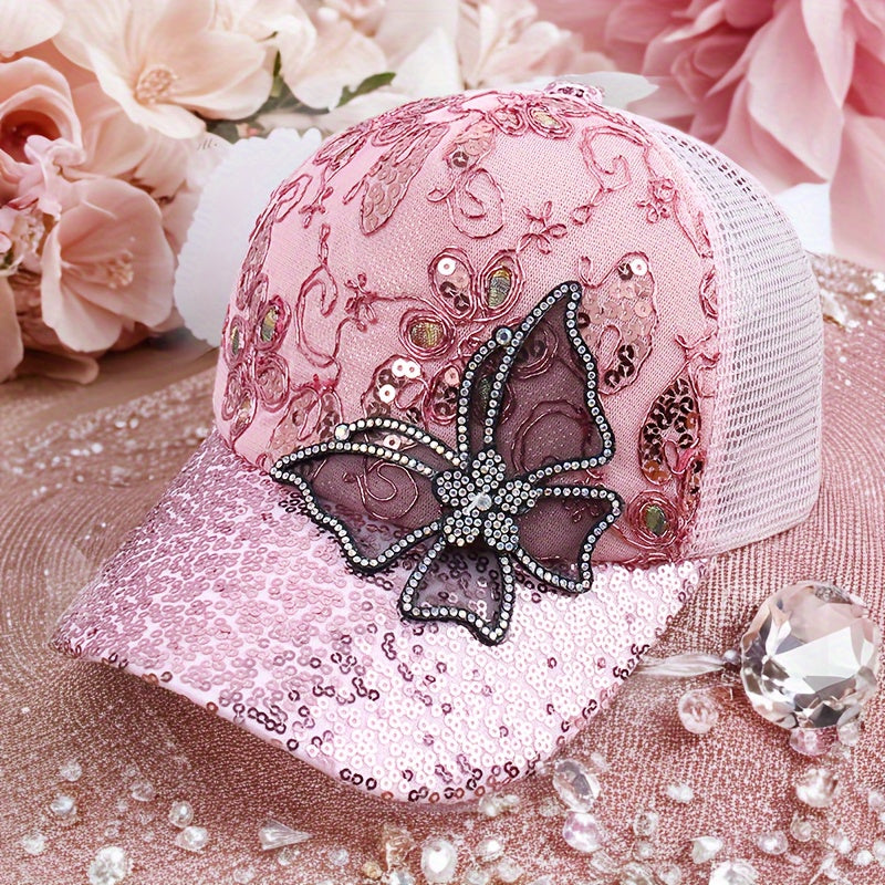 Baseball Cap - Women's Mesh Hat - Butterfly Embroidery Sequin Diamond Dot , Breathable - product detail view 9